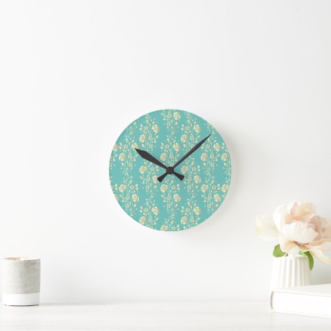 Horloge Ronde Fleurs d'or en cascade sur turquoise (Maison)