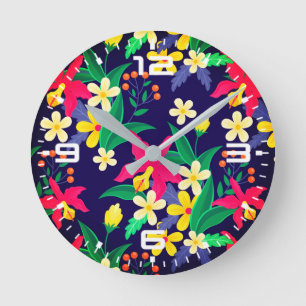 Horloge Ronde Fleurs Exotiques Colorées Motif Feuilles-23021