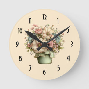 Horloge Ronde Fleurs Fantaisistes dans un Pot de Fleurs Mignon