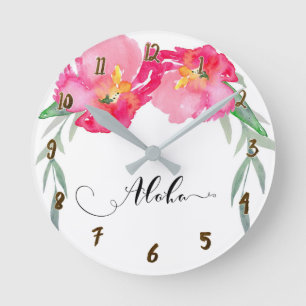 Horloge Ronde Fleurs Florales Tropicales Roses Aloha Chic