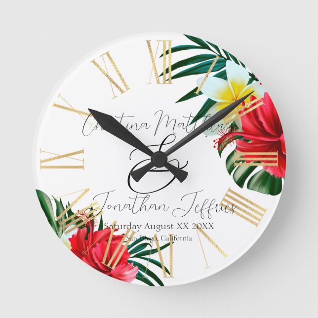 Horloge Ronde Fleurs hawaïennes tropicales sur blanc élégant (Recto)
