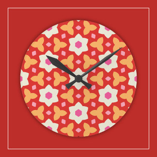 Horloge Ronde Fleurs modernes sur fond géométrique floral rouge 