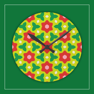 Horloge Ronde Fleurs Modernes sur Fond Géométrique Floral Vert e
