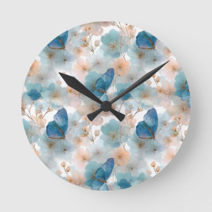 Horloge Ronde Fleurs printanières vintage & Papillon bleu