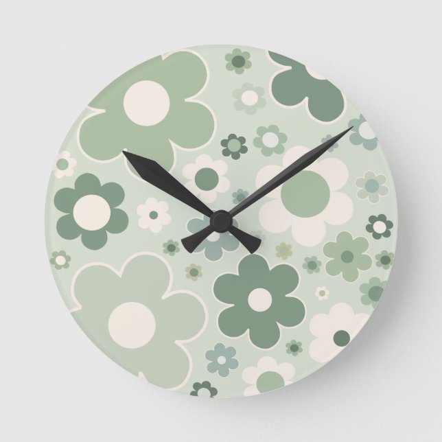 Horloge Ronde Fleurs rétro Sage Vert Abstrait Floral (Recto)