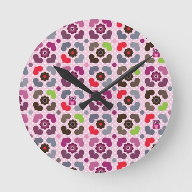 Horloge Ronde fleurs roses et hibou motif (Recto)