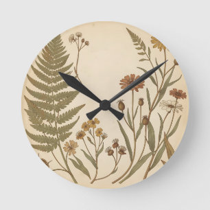 Horloge Ronde Fleurs sauvages de botanique vintage Fougère Antiq