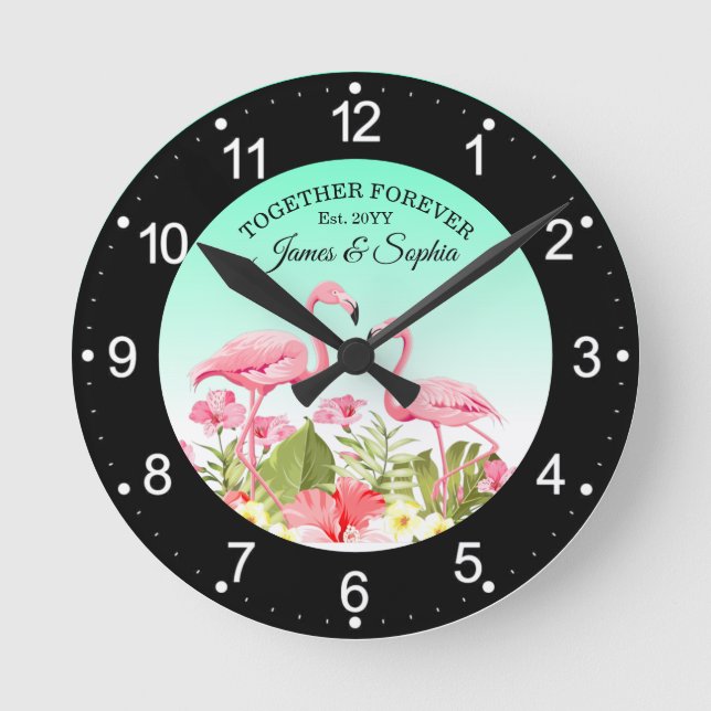 Horloge Ronde Fleurs tropicales et design de flamants roses (Recto)