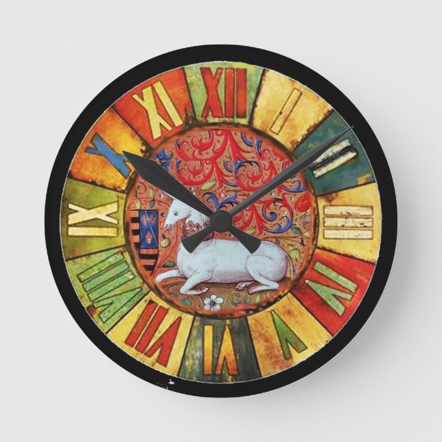HORLOGE RONDE FLEURS UNICORNES ET MÉDIÉVALES, MOTIFS FLORAUX IMA (Recto)