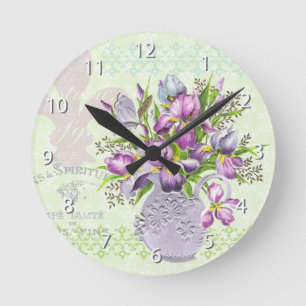 Horloge Ronde Fleurs violettes vintages Shabby vert blanc