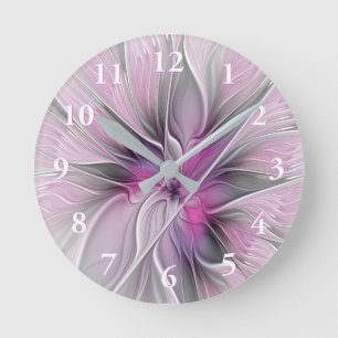 Horloge Ronde Floral Fractal moderne Fleur Abstraite rose gris