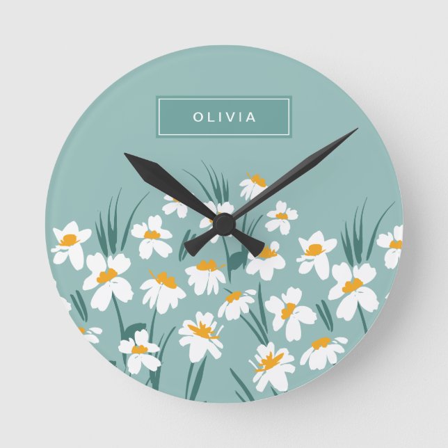 Horloge Ronde Floral moderne marguerite bleu girly élégant éléga (Recto)