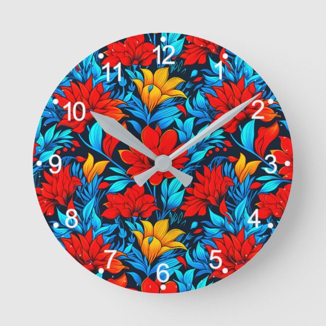 Horloge Ronde Floral Rouge jaune Fleurs Motif-13075 (Recto)
