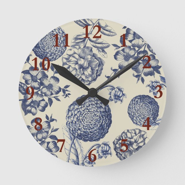 Horloge Ronde Flore d'impression florale de fleurs bleues antiqu (Recto)