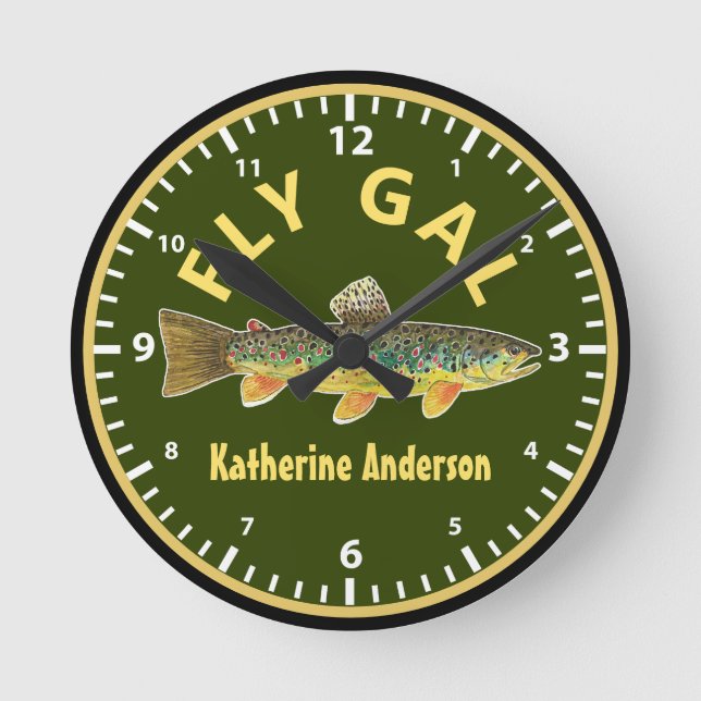 Horloge Ronde Fly Fishing Brown Trout FLY GAL Custom (Recto)