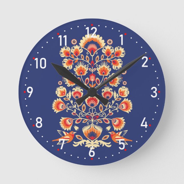 Horloge Ronde 💙 💛 🧡 Folklore aux fleurs jaunes et aux oiseaux (Recto)