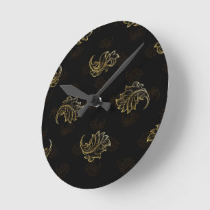Horloge Ronde Fond noir avec une feuille d'or ornée répétitive