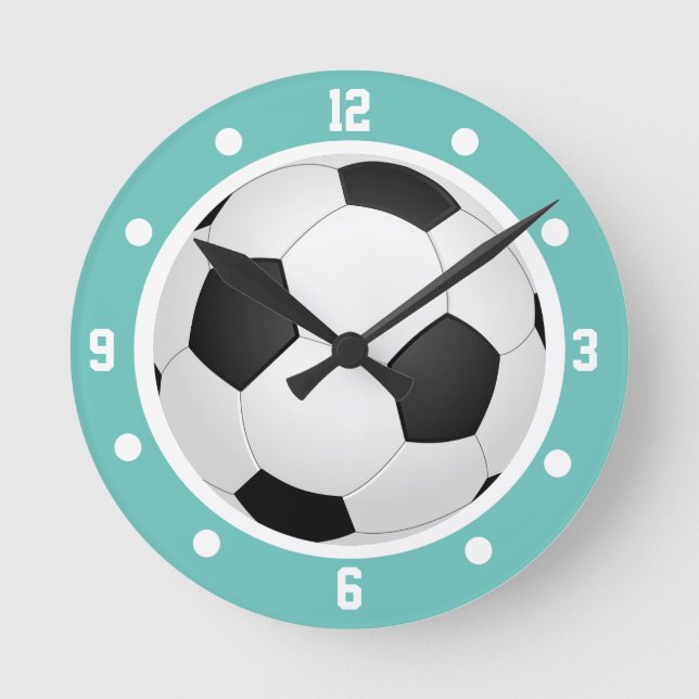 Horloge Ronde Football balle Turquoise bleu noir et blanc (Recto)