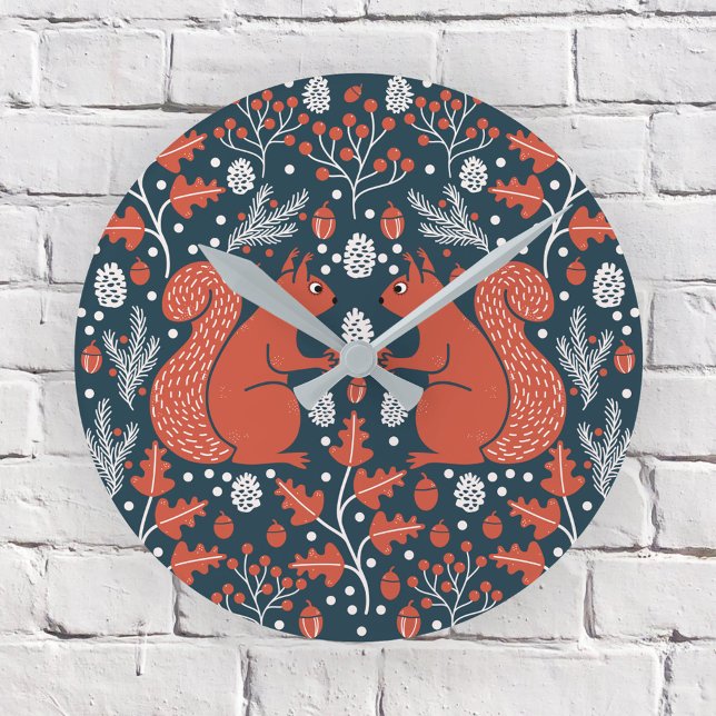 Horloge Ronde Forêt d'écureuils (Squirrel in the Forest pattern woodland wall clock)
