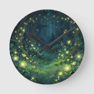 Horloge Ronde Forêt Enchantée Lueur Nuit Magique