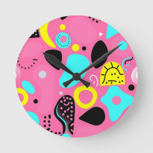 Horloge Ronde Formes Abstraites Roses Ludiques Motif