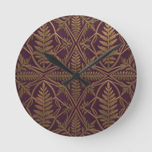 Horloge Ronde Fougère dorée géométrique ornée violet