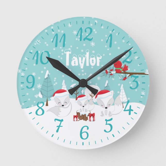 Horloge Ronde Foxes arctiques des bois de Noël (Recto)
