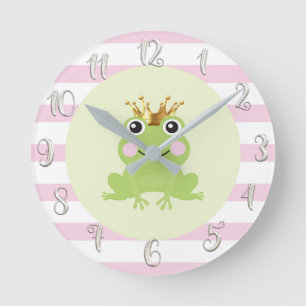 Horloge Ronde Frog Prince Gold Crown Cute Whimsical Nursery Pink