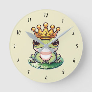Horloge Ronde Frog Prince in Gold Crown Fairytale Nursery Room