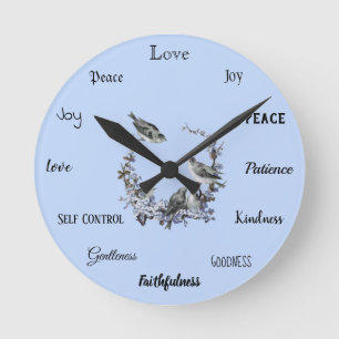 Horloge Ronde Fruits de l'Esprit Bleu chrétien Oiseaux Vintages