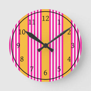 Horloge Ronde Fuchsia et jaune cinq bandes motif