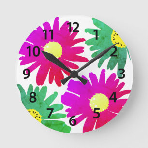 Horloge Ronde Fun rose bleu marguerite Floral Aquarelle Mur