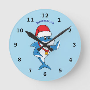 Horloge Ronde Funny Christmas shark cartoon illustration 