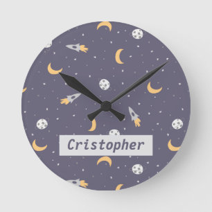 Horloge Ronde Fusée Lune Espace Planète Étoiles