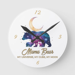 Horloge Ronde Galaxie Ourse Mère et Oursons Silhouette de Lune