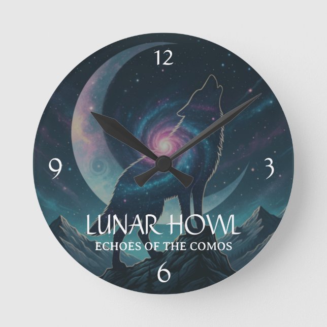 Horloge Ronde Galaxy Wolf Silhouette with Mystical Nebula Moon - (Recto)