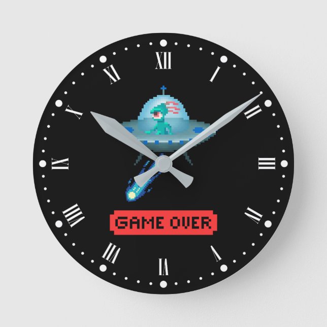 Horloge Ronde "Game Over" Alien volant un vaisseau spatial OVNI, (Recto)