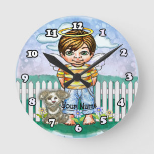 Horloge Ronde Garçon Ange et Chien 