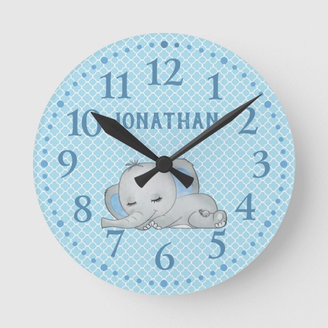 Horloge Ronde Garçons Bleu Personnalisé Cute Elephant Baby (Recto)