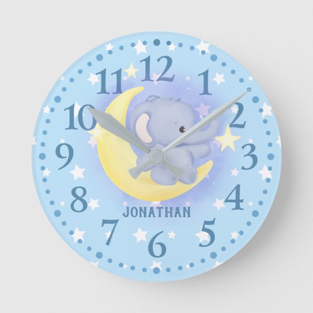 Horloge Ronde Garçons Blue Éléphant Mignon Lune Étoiles Personna (Recto)