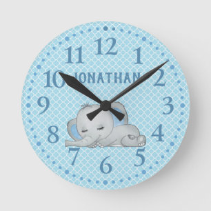 Horloge Ronde Garçons Éléphant Bébé Mignon Personnalisé Bleu