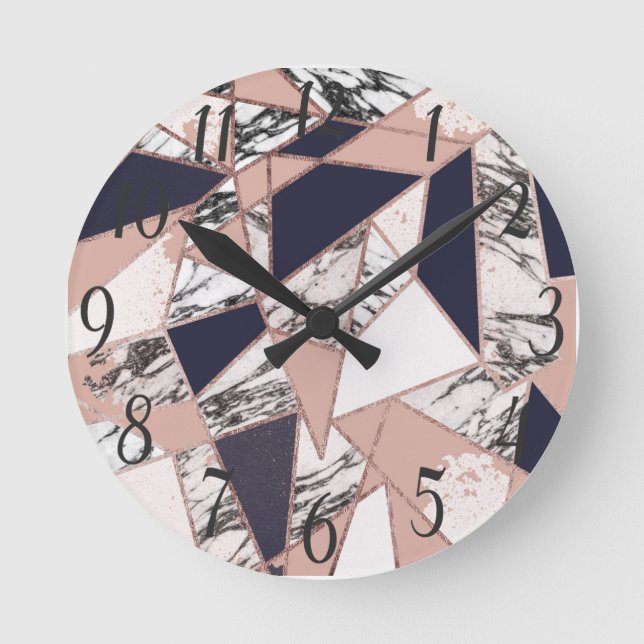 Horloge Ronde Géometric Navy Blue Peach Marble and Rose Gold (Recto)