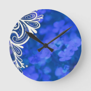 Horloge Ronde Girly bohemian chic blue floral white lace