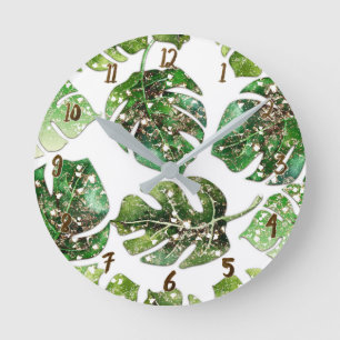 Horloge Ronde Glamour Tropical Glam Gold Glitter Palm Leaves