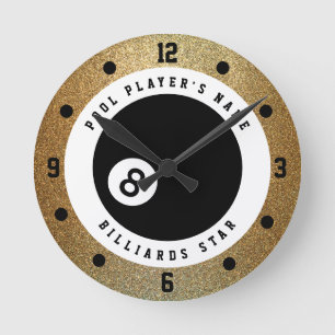 Horloge Ronde Glitter de Faux Or Personnalisé Joueur de Billard 