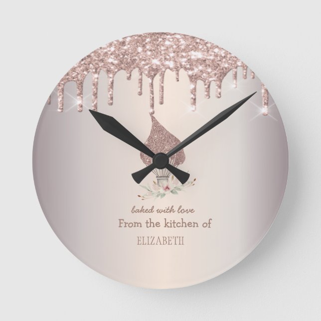 Horloge Ronde Glitter Whisk Rose Gold Glitter Drips Bakery    (Recto)