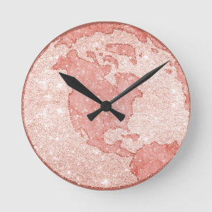 Horloge Ronde Globe en marbre rose Rose métal Parties scintillan