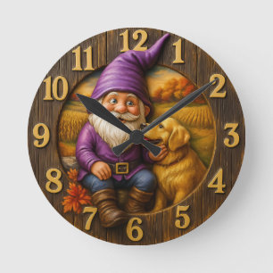 Horloge Ronde Gnome et chien automnal cosy
