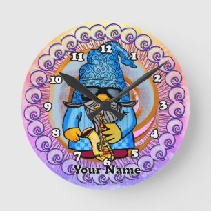 Horloge Ronde gnome jouant du saxophone