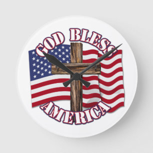 Horloge Ronde God Bless American with Usa Flag & Cross